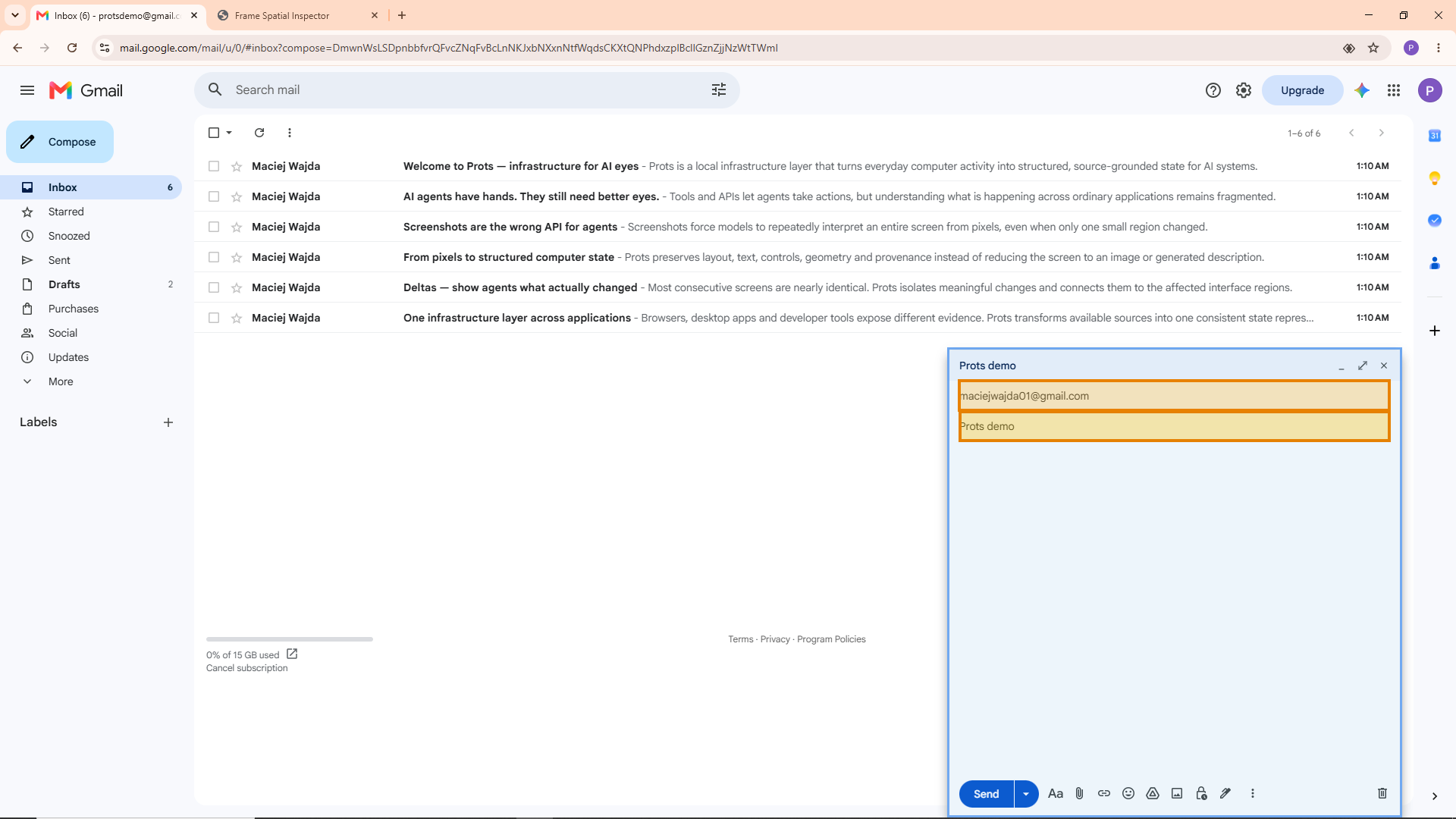 Gmail inbox with a compose window open; the recipient and subject fields are highlighted in amber.